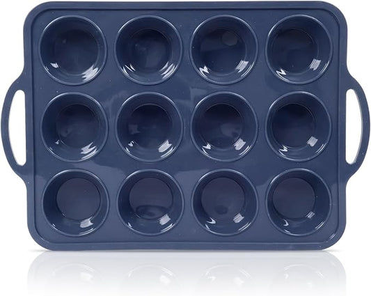 Silicone Muffin Pan with Metal Frame, Non Stick Silicone Cupcake Pan with Handles Regular 12 Cup, BPA Free Silicon Muffin Tin Tray for baking, egg bites, Cupcake Mold Grey
