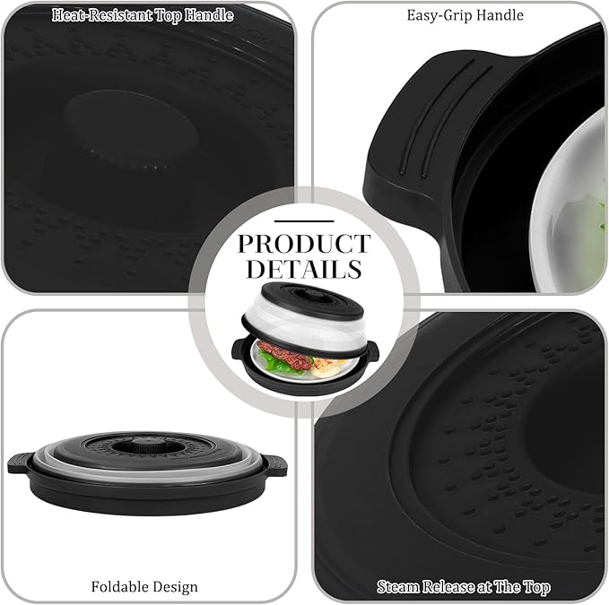 10.7 Inch Microwave Food Cover with Heat Insulation Mat, Anti-Scald Collapsible Microwave Splatter Cover, Multi-Functional as Colander & Fruit Plate, Dishwasher Safe, Ideal for Meal Prep (Black)