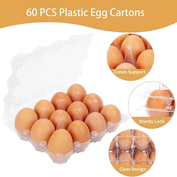 60Pack Egg Cartons Cheap Bulk 1 Dozen Jumbo Egg Cartons Extra Large Duck Egg Cartons for Chicken Eggs, Reusable Egg Carton for Home Ranch Chicken Farm, Commercial Business Market Display, 3x4 Grids