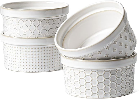 LE TAUCI Ramekins 12 oz, Ramiken for Creme Brulee, Souffle, Dipping Sauce, Ceramic Embossment Housewaming Present -4.8 inch, Set of 4, Arctic White