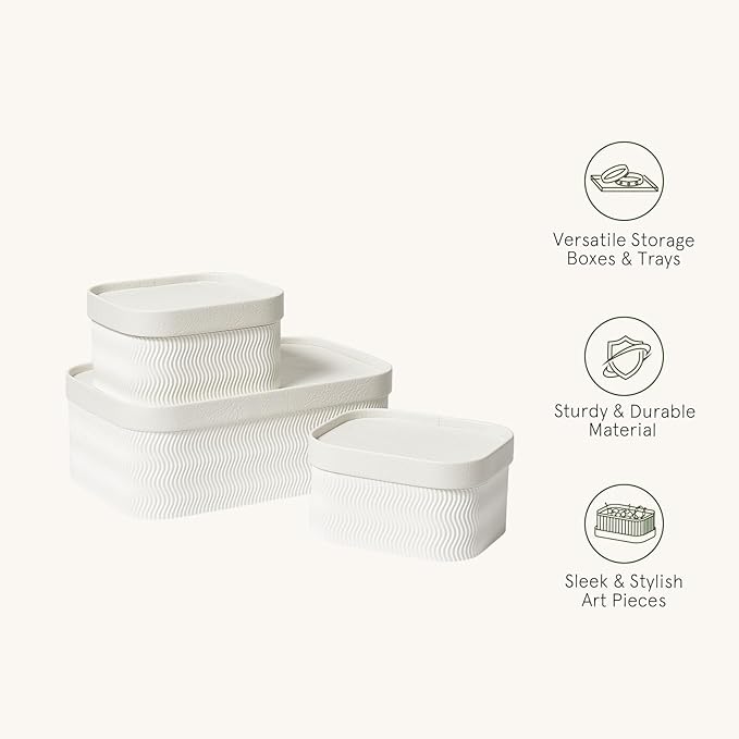 LA JOLIE MUSE Fluted Cardboard Storage Baskets with Leather-Like Lids, Paper Boxes Decorative Tray, Modern Basket Organizer Bins for Organizing,Eggshell White