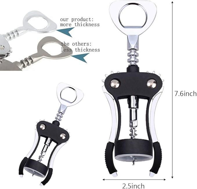 Foho Wine Opener, Multifunctional Wing Corkscrew Wine Bottle Opener for all Cork Stoppered and Beer Cap Bottles, Luxury Waiter Corkscrew with Stopper Set for Wine Enthusiast, Waiters - Black