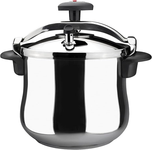 MAGEFESA Star Belly Pressure Cooker 10.6 Qt – 18/10 Stainless Steel, Rounded Bottom, 3 Safety Systems, Works on All Stovetops Including Induction, 8 PSI