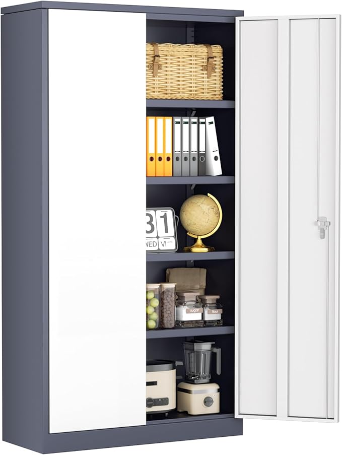 INTERGREAT Storage Cabinet, 72” Steel Locking Closet with Doors and 4 Adjustable Shelves, Tool Unit for Home Office, Garage & Tall Lockable File Cabinet, Grey White.