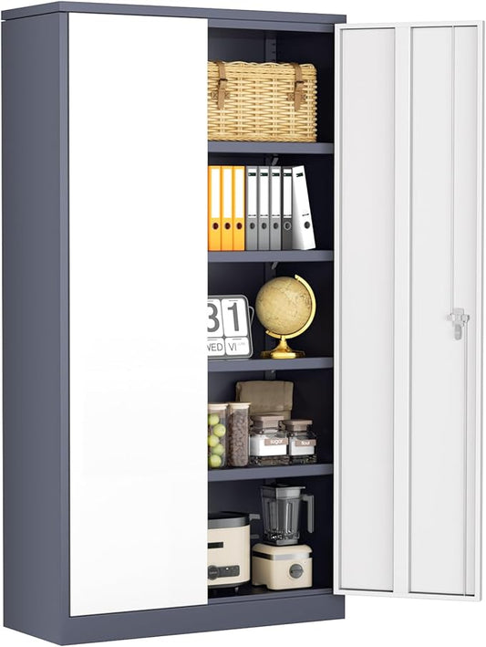 INTERGREAT Storage Cabinet, 72” Steel Locking Closet with Doors and 4 Adjustable Shelves, Tool Unit for Home Office, Garage & Tall Lockable File Cabinet, Grey White.
