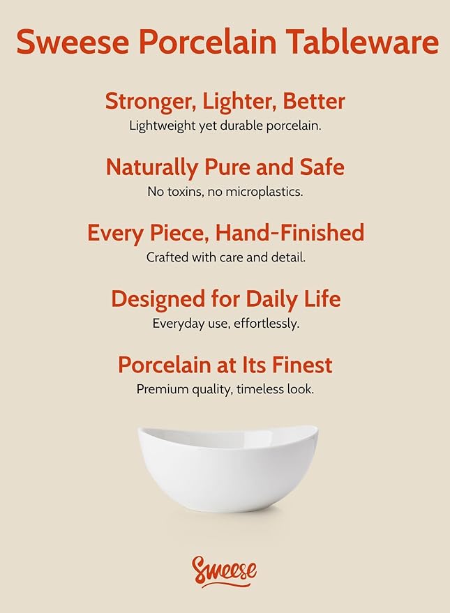 Sweese 8 Inch Porcelain 42 oz Serving Bowls Set of 4, for Salad | Soup | Snacks | Pasta - Microwave, Dishwasher, and Oven Safe - White
