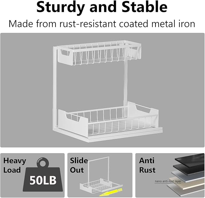 Under Kitchen Sink Organizers and Storage Pull Out 2 Tier Metal Bathroom Cabinet Organizer (White, 1 Pack)