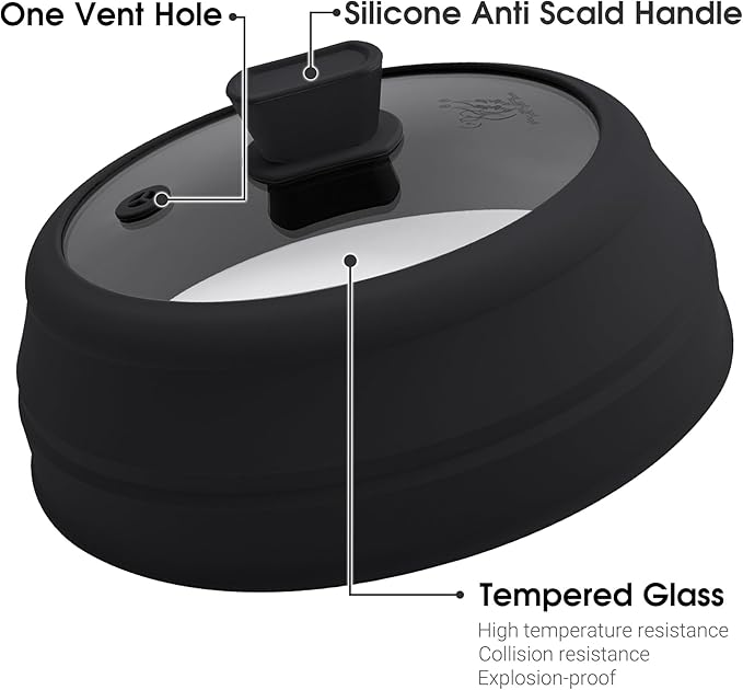 Microwave Splatter Cover Glass Microwave Cover for Food Collapsible Splatter Guard Lid with Silicone Handle for Pot Plate Bowl 9 Inch Black