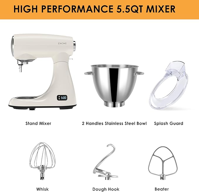 ZACME Mixers Kitchen Electric Stand Mixer 5.5QT 600W, Aluminum die casting and Gears, Dual Cooling System, Low Noise, DC Motor, LED Display and Timing Function, Tilt-head Metal Food Mixer, White
