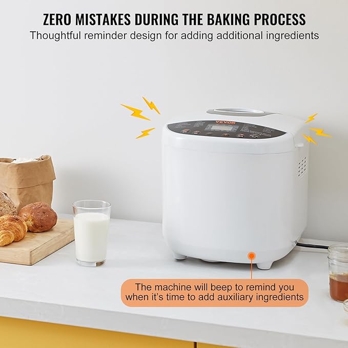 VEVOR Bread Maker, 19-in-1 2LB Dough Machine, Nonstick Ceramic Pan Automatic Breadmaker with Gluten Free Setting, Whole Wheat Bread Making, Digital, Programmable, 3 Loaf Sizes, 3 Crust Colors, White
