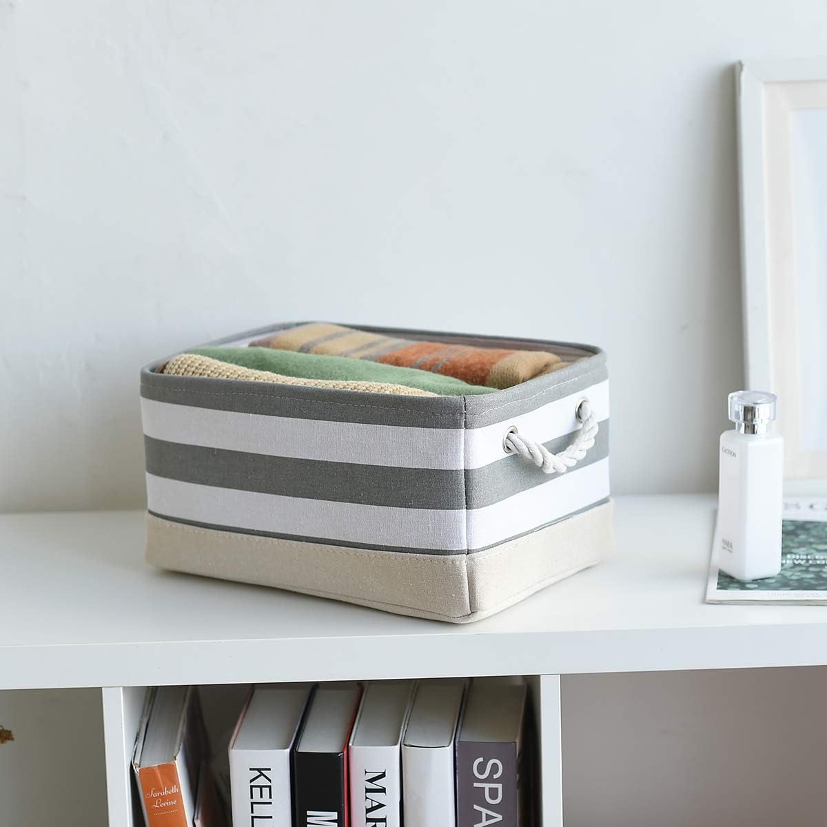 TheWarmHome Storage Basket Fabric Basket with Handles Dog Toy Basket Cloth Storage Bin Shelf Basket Decorative Storage Basket Shoe Basket Gift Basket(Grey&White Stripes-1 Pack,15.7L×11.8W×8.3H)