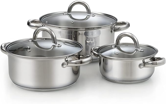 Cook N Home Sauce Pot Stainless Steel Stockpot with Glass Lid, Basic Saucier Casserole Pan Set, 6 Piece Set