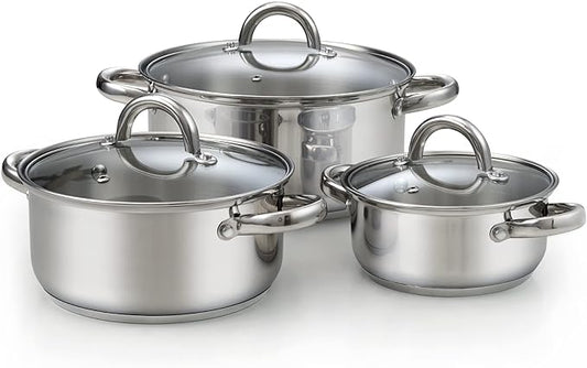 Cook N Home Sauce Pot Stainless Steel Stockpot with Glass Lid, Basic Saucier Casserole Pan Set, 6 Piece Set