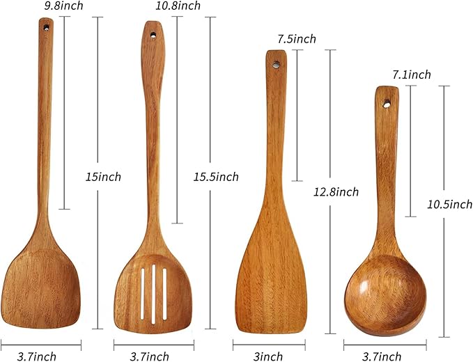 Wooden Spatula,Slotted Turner,Soup Ladle,Long Handle Utensils Set,Handmade for Kitchen Cookware (Wooden Utensil 4 Sets)