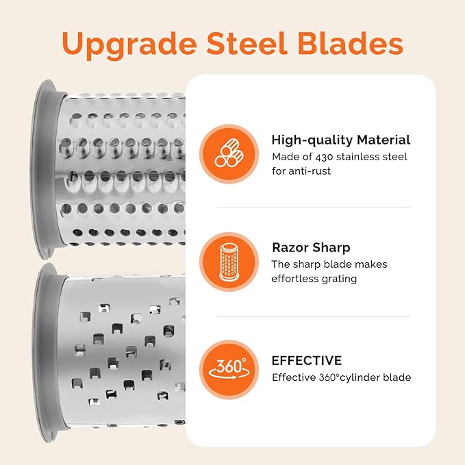 Patented Rotary Parmesan Cheese Grater, Hand Crank Cheese Shredder with Fine & Coarse Drums, Restaurant Quality, White, Stainless Steel & ABS, Dishwasher Safe