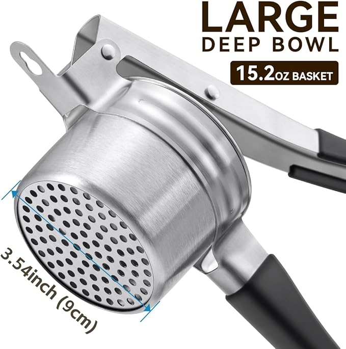 Potato Ricer, AMOHEE 15oz Stainless Steel Potato Masher Upgrade Heavy Duty Design with Anti-Slip Handle Ricer for Mashed Potatoes, Carrots, Yams, Black