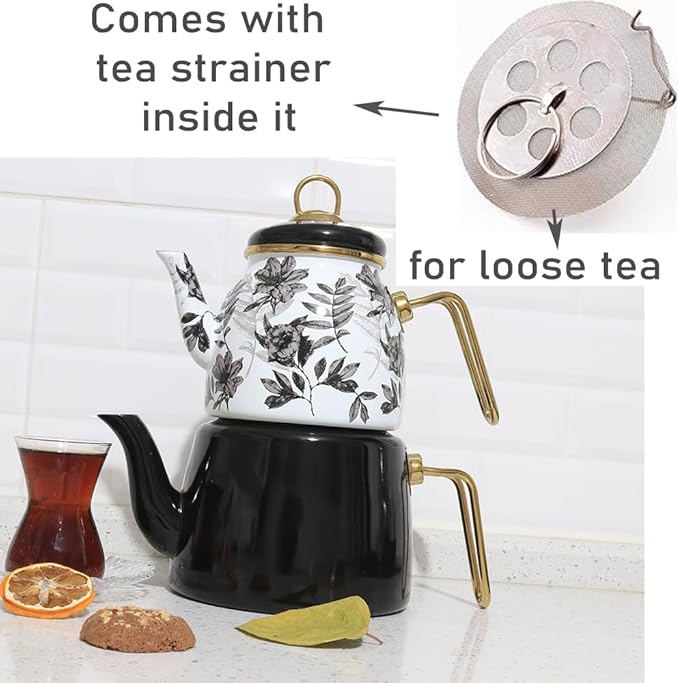 Vintage Turkish Teapot Tea Pots Kettle Set for Stovetop Stove Top Decorative Infuser Party Cups Glasses Floral Unique Boiler Samovar Strainer Loose Leaf Kitchen Style Enamel Decor (White-Black)