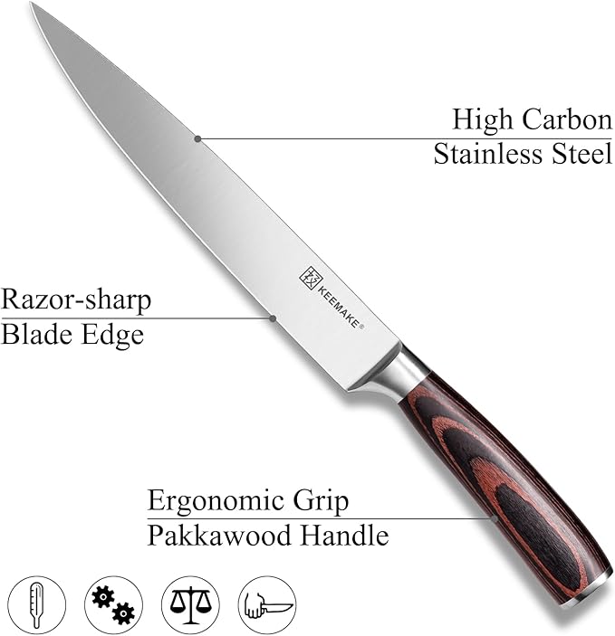 KEEMAKE Carving Knife for Meat - Razor Sharp 8 Inch Slicing Knife with High Carbon Stainless Steel Blade, Brisket Knives Meat Cutting Knives with Ergonomic Pakkawood Handle and Gift Box