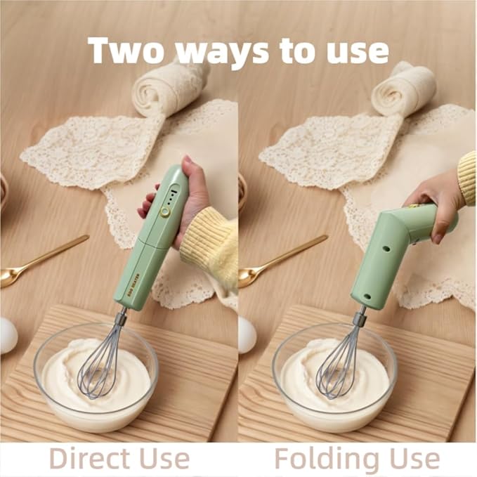 Cordless Hand Mixer, Foldable Design Handheld Electric Whisk with 3 Speed Modes, Hand Held Egg Beater with 2 Detachable Stir Whisks (Green)