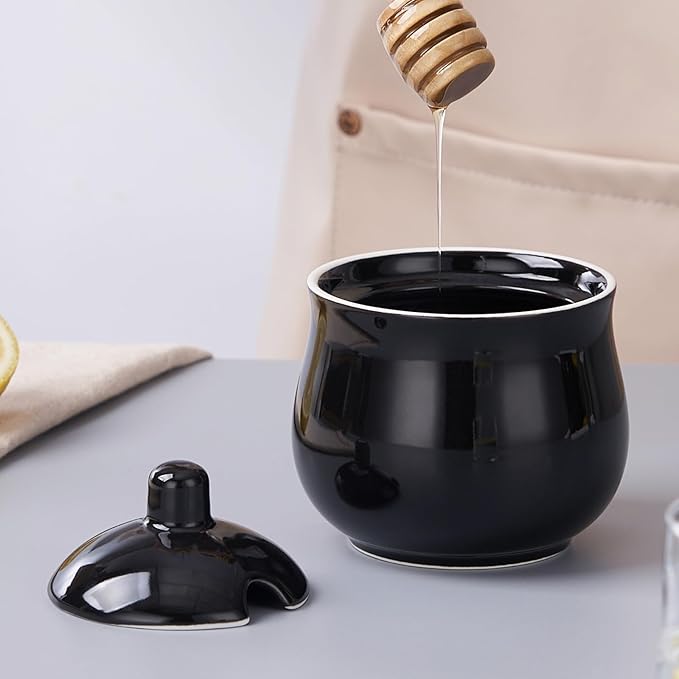 Ceramic Sugar Bowl with Lid and Spoon, Black Porcelain Sugar Salt Pepper Storage Jar, 8 Ounces