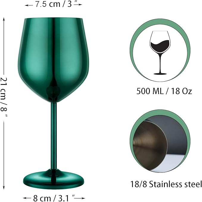 Stainless Steel Wine Glasses Set of 2, 18 oz Unbreakable Green Wine Glass Unique Metal Wine Goblets for Outdoor Capming and Pool Gift for Wine Lovers