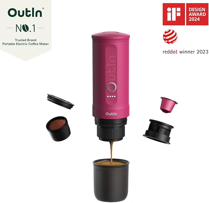 OutIn Nano Portable Electric Espresso Machine, Travel Coffee Maker for Camping, Car Coffee Maker Self-Heating with USB-C, With Ground Coffee & NS Capsule for RV, Hiking, Office