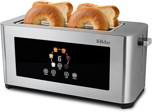 Toaster 4 slice with Touch Screen LCD Display, Extra Long Wide Slots Toaste, Smart Toaster with 6 Browning Levels, Defrost, Reheat & Removable Tray, Stainless Steel