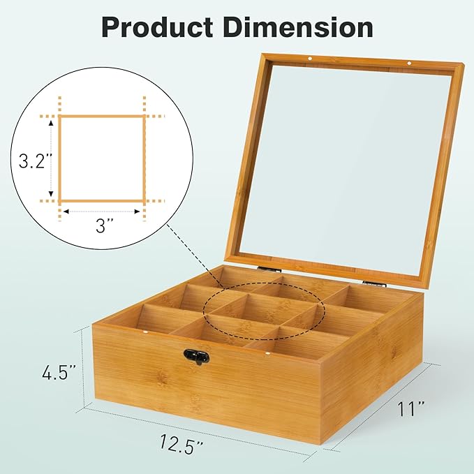 Wood Tea Bag Organizer Tea Storage Box with Clear Acrylic Top Window & 9 Compartments Tea Bag Holder for Home Office Gift (Brown)