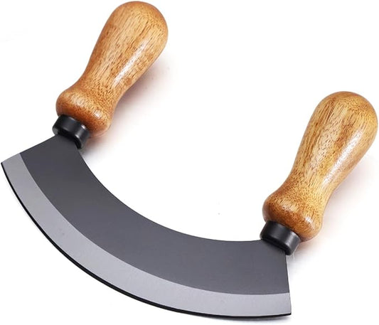 5.4 Inch Stainless Steel Mezzaluna Knife - Salad Chopper Rocker Pizza Cutter Rocker Knife Curved Blade Sharp Blade Double Acacia Wood Handle Fruit Vegetable Mincing (5.4 Inch Black)