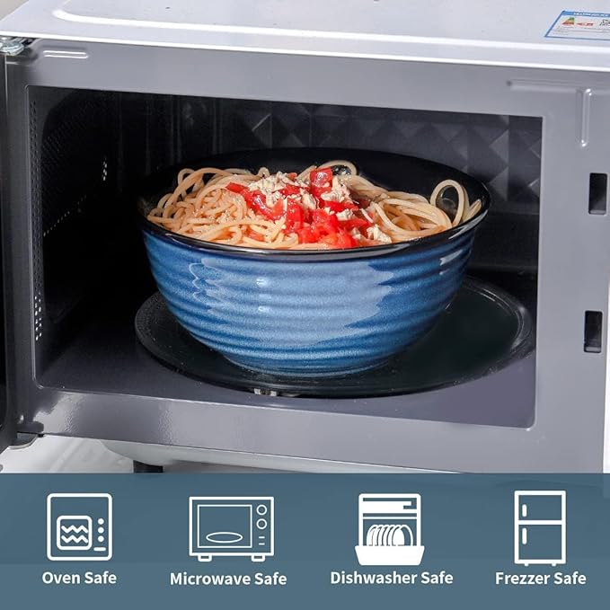 MEKY 65oz Ceramic Mixing Bowls Set of 2, Deep Large Ribbed Serving Bowls for Salad, Pasta, Ramen, Soup, Durable Kitchen Bowl Set, Microwave Oven Dishwasher Safe Porcelain，Blue