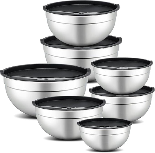 7 Piece Mixing Bowl Set, Mixing Bowls with Lid, Stainless Steel Mixing Bowls for Baking, Size 0.7, 1.1, 1.5, 2.1, 3.5, 4, 4.5QT, Baking Bowl for Food Preparation, Mixing and Serving Foods