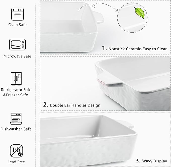 4 QT Baking Dish, Casserole Dishes for Oven, 9x13 Baking Pan with Handles, Lasagna Pan Deep, Ceramic Casserole Dish Oven Safe for Baking, Lasagna, Kitchen, Wedding Gift (White)