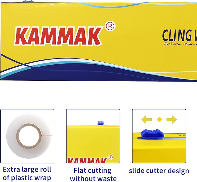 KAMMAK Plastic Wrap Food Cling Wrap with Slide Cutter 15 inch Restaurant Cling Film 2000 Ft Bulk Roll Refillable Food Service Cling Wrap Dispenser Quick Cut Anti-Fog Cling Film for Kitchen