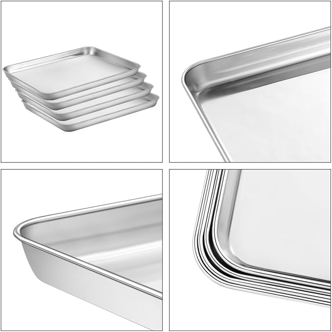 Baking Sheets Set of 4, Stainless Steel Cookie Pan Tray For Oven, Size 12.25 x 9.65 x 1 inch, Heavy Duty, Deep Edge, Superior Mirror Finish, Dishwasher Safe