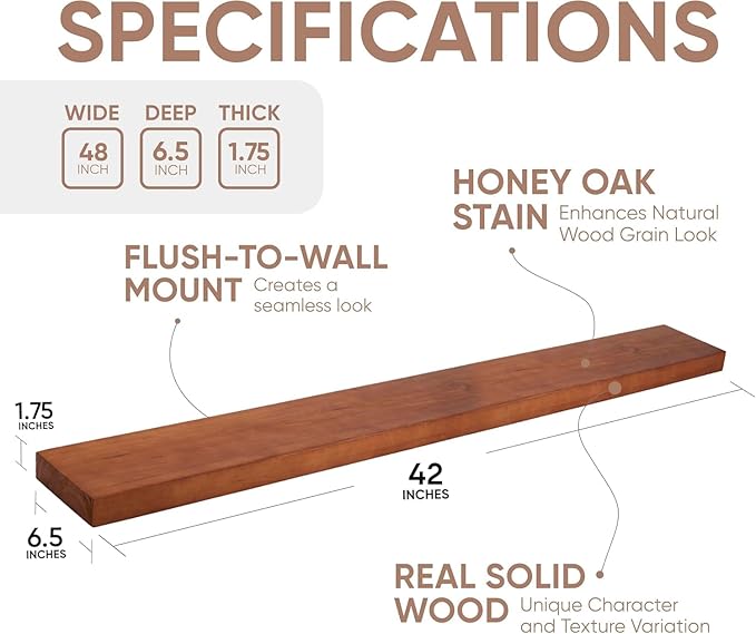 Homeforia Oak Floating Shelves 42 inch Long, High End Solid Real Wood 42inch Floating Shelf for Wall Mounted, Honey Oak Wooden 42in Floating Shelves, Heavy Duty Bracket, 42 X 6.5 X 1.75 in, Set of 2