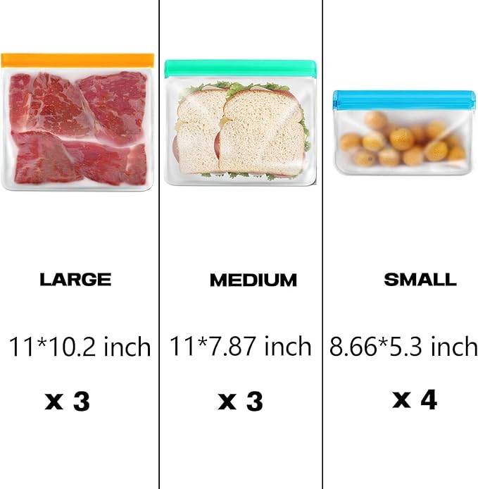 10 Pack Reusable Silicone Bags Dishwasher Safe, BPA Free Reusable Food Storage Bags for Candy, Snack, Cereal, Travel Items, Home Organization