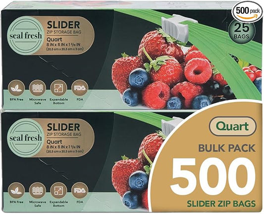 Quart Slider Storage Bags 500 Pack — Reusable Freezer Bags with Expandable Bottom, BPA Free, Microwave Safe, Clear Quart Food Storage Bags