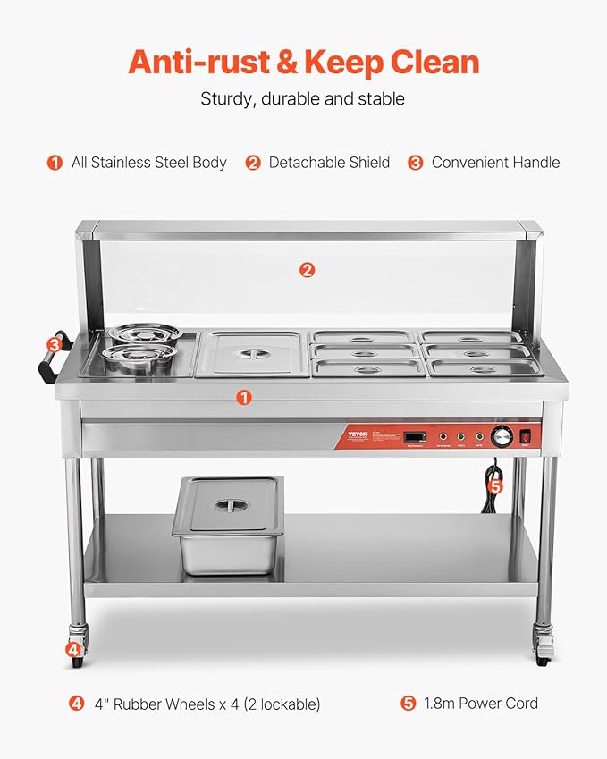 VEVOR Commercial Food Warmer, 7 Pans + 2 Pots Electric Steam Table, 1800W Professional Buffet Catering Food Warmer with Shield Undershelf Wheels, Stainless Steel Server for Party Restaurant Hotel