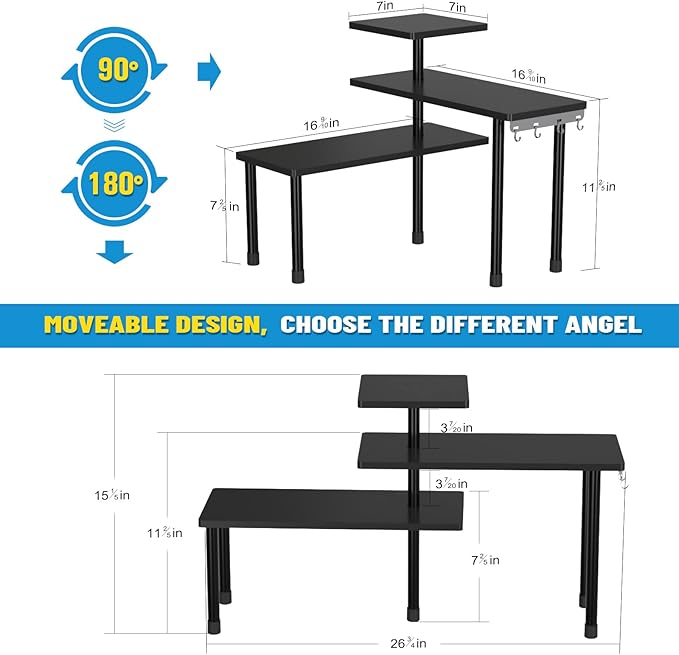 JayRex Countertop Corner Shelf, 3 Tier Shelf Moveable Organizer for Bathroom Counter, Make Up, Dresser Table, Desktop Shelf (Black)