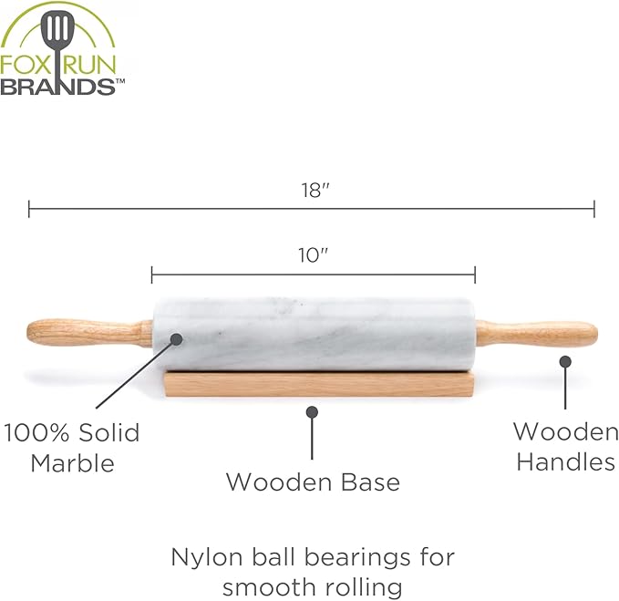 Fox Run Polished Marble Rolling Pin with Wooden Cradle, 10-Inch Barrel, White