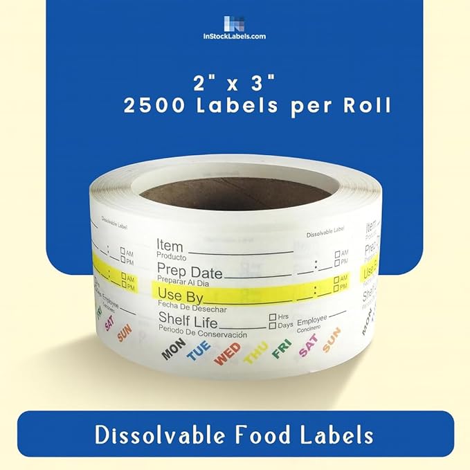 InStockLabels Dissolvable Food Labels - 2” x 3” (2500 Labels) - Rotation Food Stickers for Kitchen & Restaurant Supplies - Ideal for Jar, Containers and Freezer Storage, Kitchen Stickers