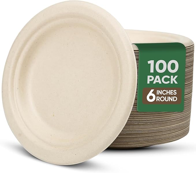Paper Plates 6 Inches, 100 Pack Disposable Plates – 100% Compostable Plates, Water & Oil Proof Dessert Plates, Microwavable Small Paper Plates, Perfect Paper Plate For Party - Brown