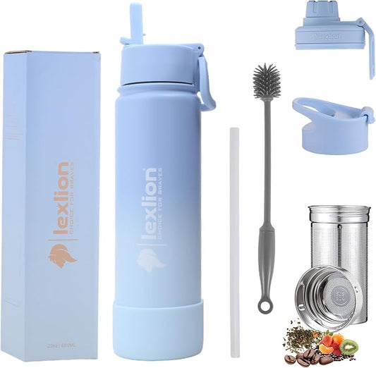 Lexlion Tea Infuser Water Bottle 22 Oz, Triple Walled Insulated Stainless Steel Bottle, Thermal Fruit Leaf Infuser, Silicone Sleeve, 3 Lids Leakproof, Metal Mug Gallon