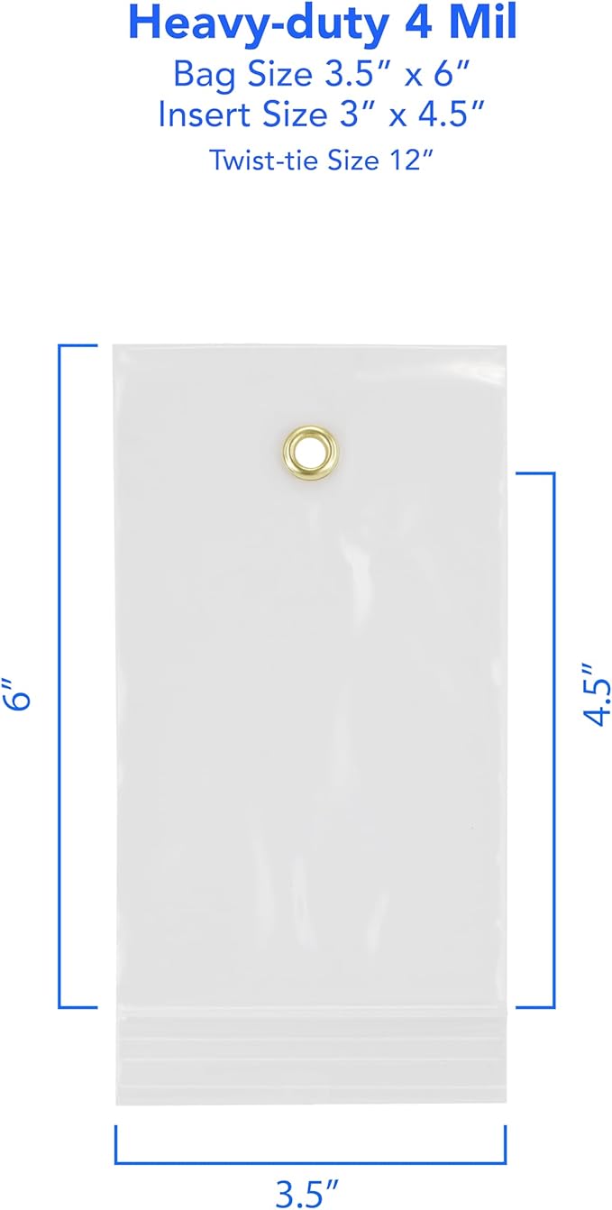 GPI - 3.5" x 6" Reclosable Zip Bags with Bottom Hang-hole & Pre-inserted 12" Twist-tie. 4 Mil Heavy-duty Resealable Zipper Baggy with Grommet/Metal Eyelet for Hanging (Insert Size 3x4.5) 100 Pack