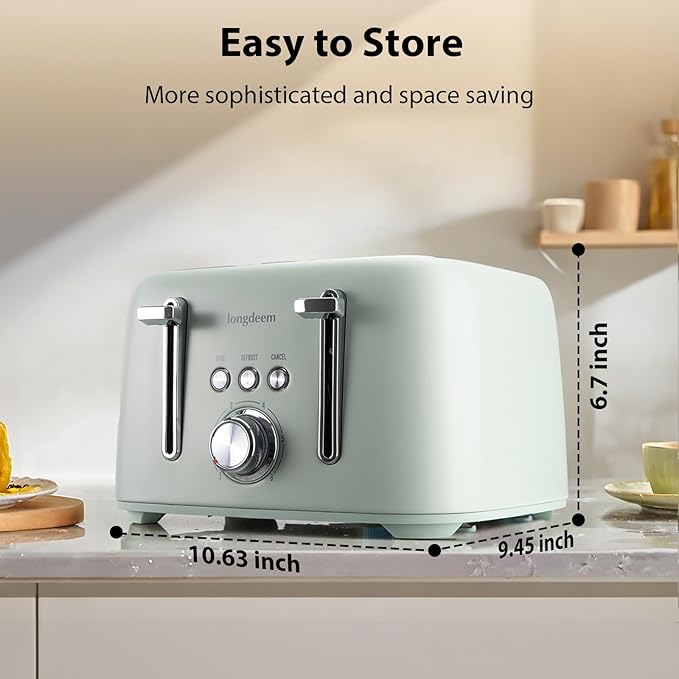 4-Slice Toaster 1.5" Extra Wide Slot Stainless Steel with High Lift Lever, 6 Presets & Bagel/Defrost/Cancel Function, Removal Crumb Tray, Under Base Cord Storage, Green