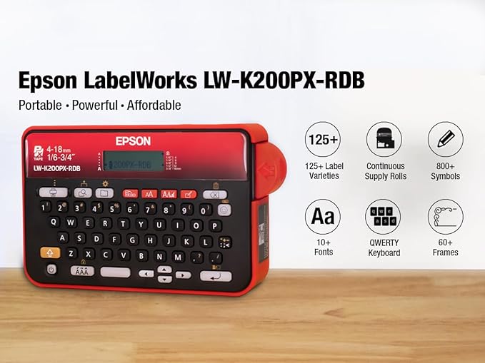 LABELWORKS Epson LW-K200PX-RDB Portable QWERTY Keyboard Label Maker for Home & Hobbies – Craft, Organize, and Personalize - Red Black Printer