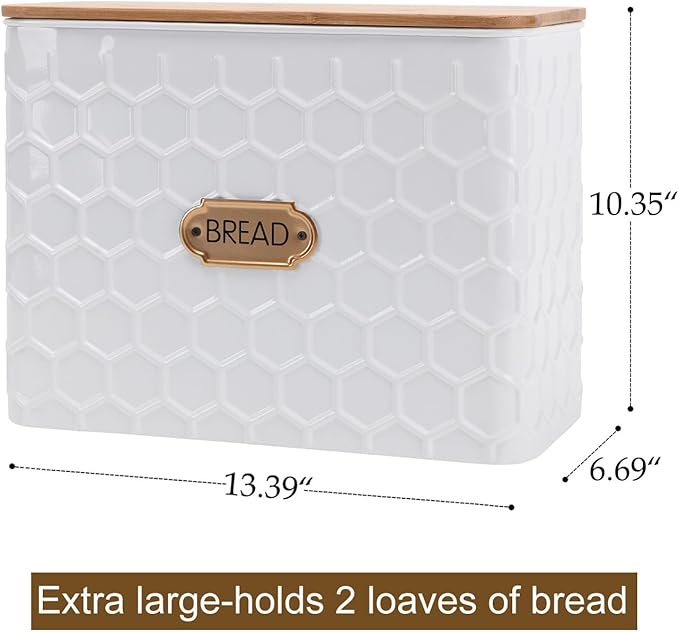 NIKKY HOME Extra Large Space Saving Farmhouse White Bread Box With Bamboo Lid - Holds 2 Loaves - Vertical Breadbox Bread Storage Bin Holder for Kitchen Countertop, Honeycomb Embossed Pattern