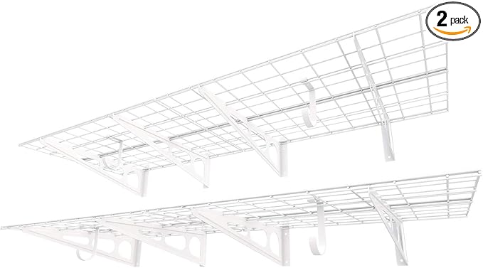 FLEXIMOUNTS 2-Pack 2x6ft Garage Shelving with Hooks 24-inch-by-72-inch Wall Shelf Garage Storage Rack Floating Shelves, White