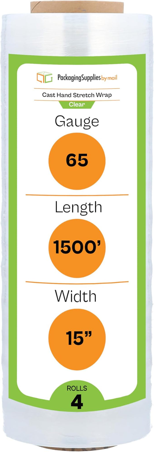 PSBM Stretch Wrap, 4 Pack, 15 Inch x 1500 Feet, 65 Gauge, Clear Plastic Cling, Cast Hand Stretch Film Rolls for Packaging Moving Packing Pallets