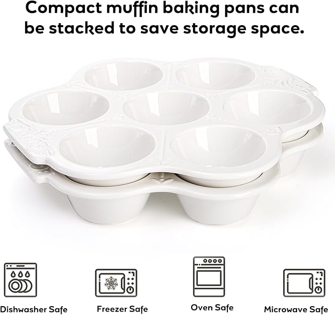 Youeon 2 Pack Ceramic Muffin Pans 7 Cups, Nonstick White Floral Cupcake Baking Pan with Handle, Muffin Tins for Muffins, Cupcakes, Tarts, Mini Cheesecakes, Oven and Dishwasher Safe